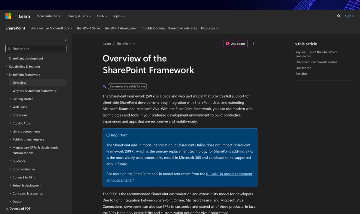 Microsoft Learn — Overview of the SharePoint Framework