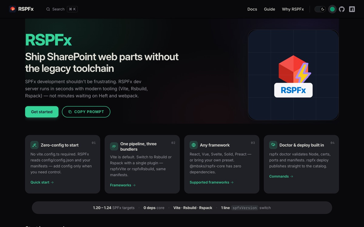 RSPFx docs homepage — ship SharePoint web parts without the legacy toolchain